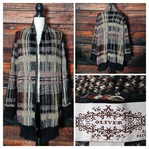 Oliver L Cardigan Sweater Plaid Eyelash Knit Open Front Soft Fuzzy Cozy